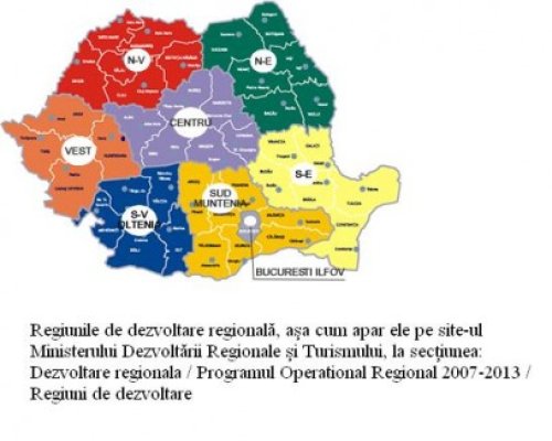 România, împărţită în 8 regiuni: 7 judeţe mari şi o zonă metropolitană Bucureşti - Ilfov